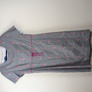 Vintage Black & White Gingham Dress Pink Floral Embroidery Size 12